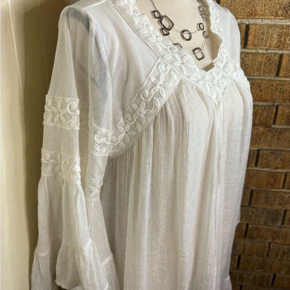 White Indigo Soul Boho Top with Bell Sleeves, Size L - Picture 2 of 14